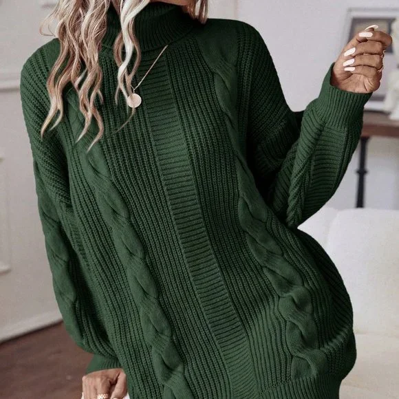 Green Casual Womens Turtleneck Cable Knit Drop Shoulder Sweater Dress - Picture 4 of 6